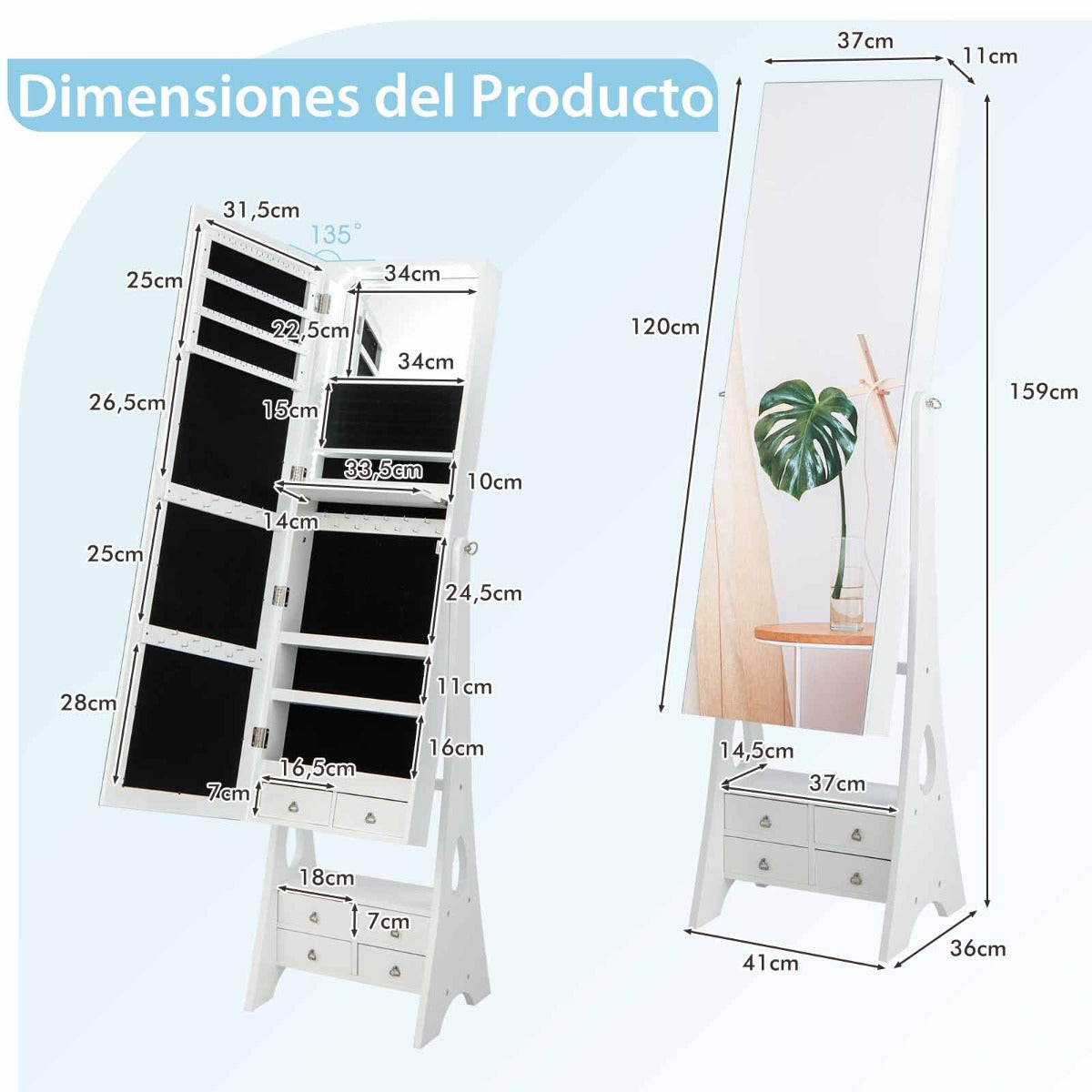 Armario para Joyas con Espejo Joyero con Luces LED Ángulo de Inclinación Ajustable Gran Capacidad de Almacenamiento 41 x 36 x 159 cm Blanco