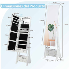Armario para Joyas con Espejo Joyero con Luces LED Ángulo de Inclinación Ajustable Gran Capacidad de Almacenamiento 41 x 36 x 159 cm Blanco