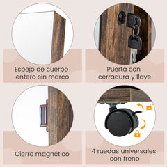 Armario para Joyas con Cerradura Espejo de Maquillaje LED de 3 Colores Estantes Ajustables y Ruedas Universales 40 x 38 x 164 cm Café