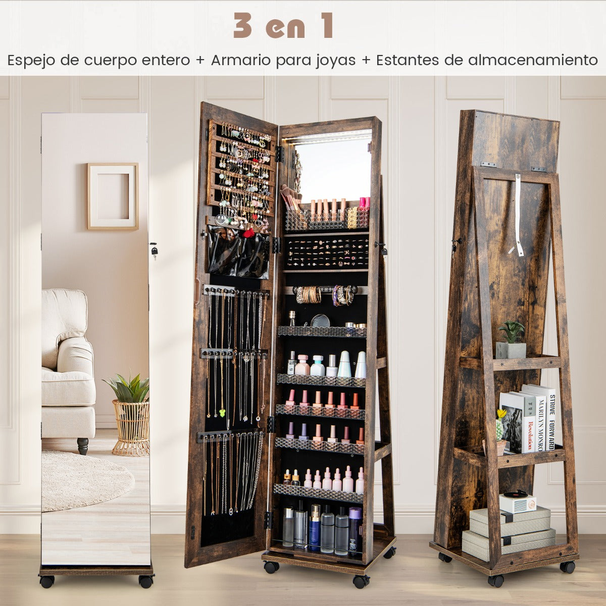 Armario para Joyas con Cerradura Espejo de Maquillaje LED de 3 Colores Estantes Ajustables y Ruedas Universales 40 x 38 x 164 cm Café