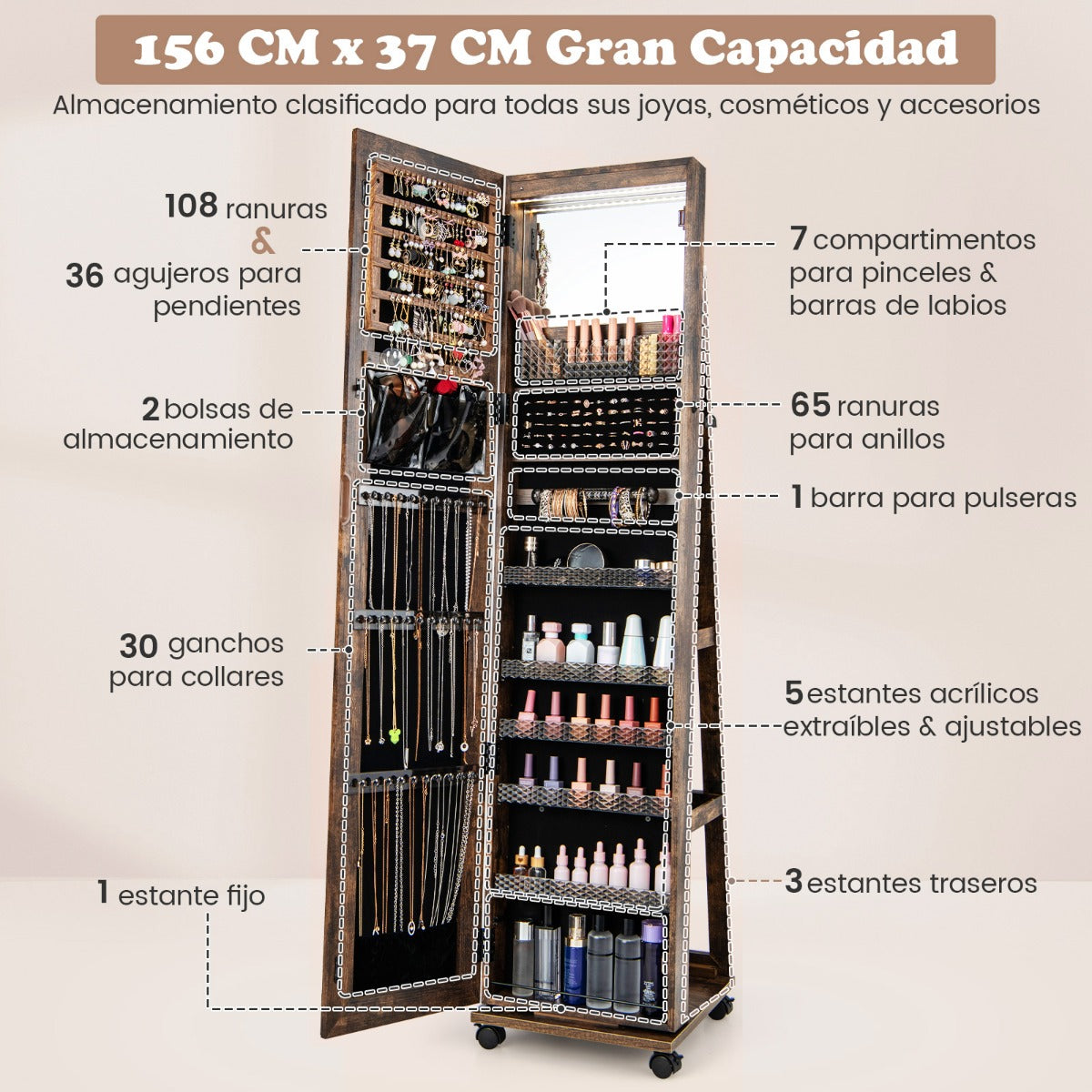 Armario para Joyas con Cerradura Espejo de Maquillaje LED de 3 Colores Estantes Ajustables y Ruedas Universales 40 x 38 x 164 cm Café
