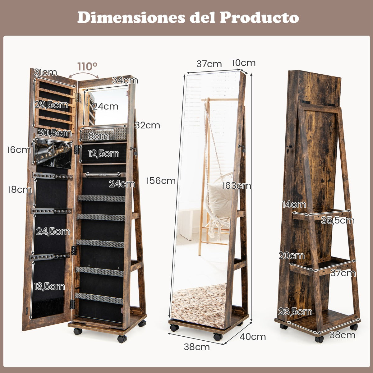 Armario para Joyas con Cerradura Espejo de Maquillaje LED de 3 Colores Estantes Ajustables y Ruedas Universales 40 x 38 x 164 cm Café