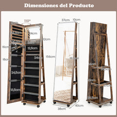 Armario para Joyas con Cerradura Espejo de Maquillaje LED de 3 Colores Estantes Ajustables y Ruedas Universales 40 x 38 x 164 cm Café