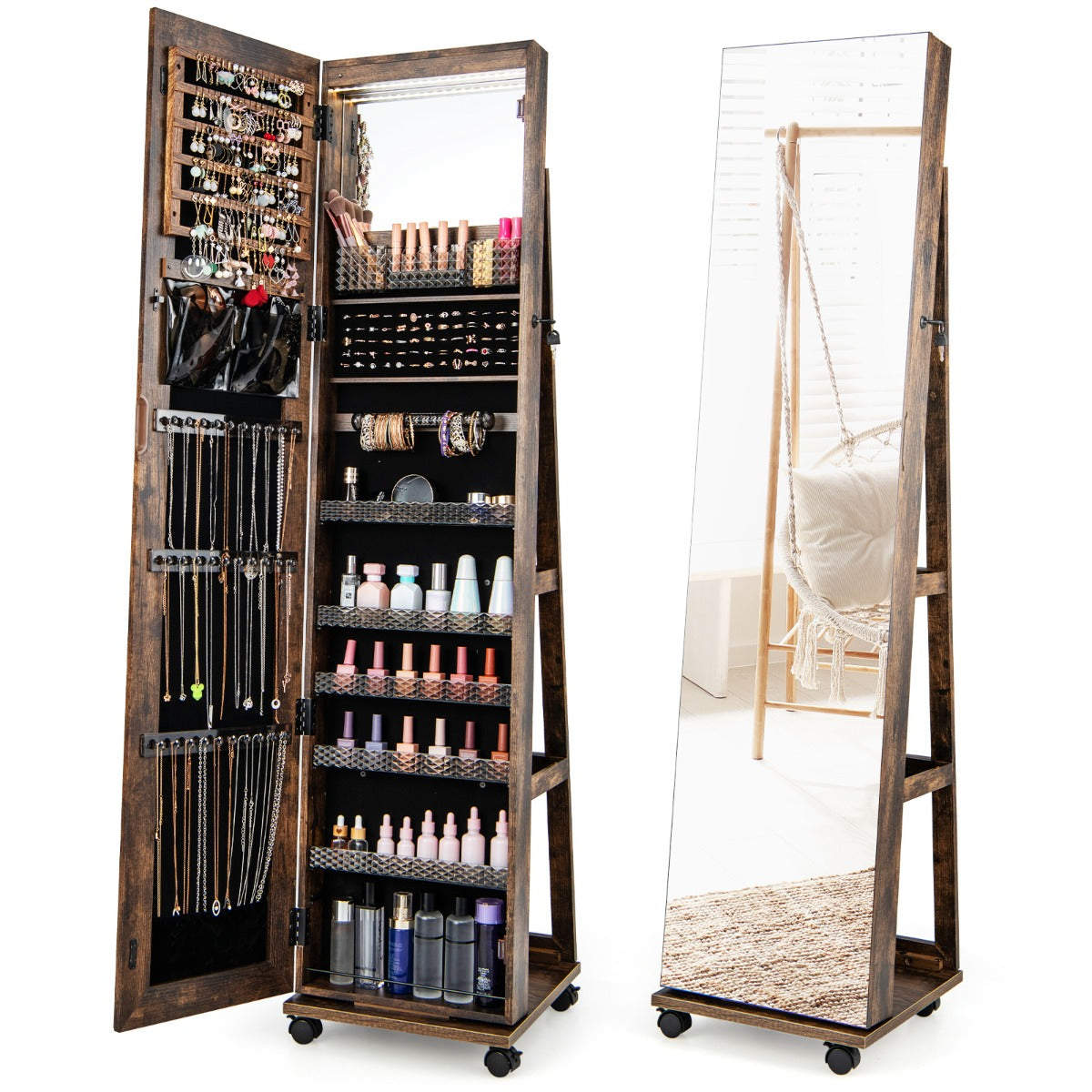 Armario para Joyas con Cerradura Espejo de Maquillaje LED de 3 Colores Estantes Ajustables y Ruedas Universales 40 x 38 x 164 cm Café