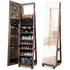 Armario para Joyas con Cerradura Espejo de Maquillaje LED de 3 Colores Estantes Ajustables y Ruedas Universales 40 x 38 x 164 cm Café