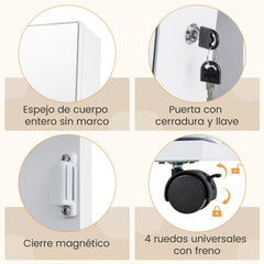Armario para Joyas con Cerradura Espejo de Maquillaje LED de 3 Colores Estantes Ajustables y Ruedas Universales 40 x 38 x 164 cm Blanco
