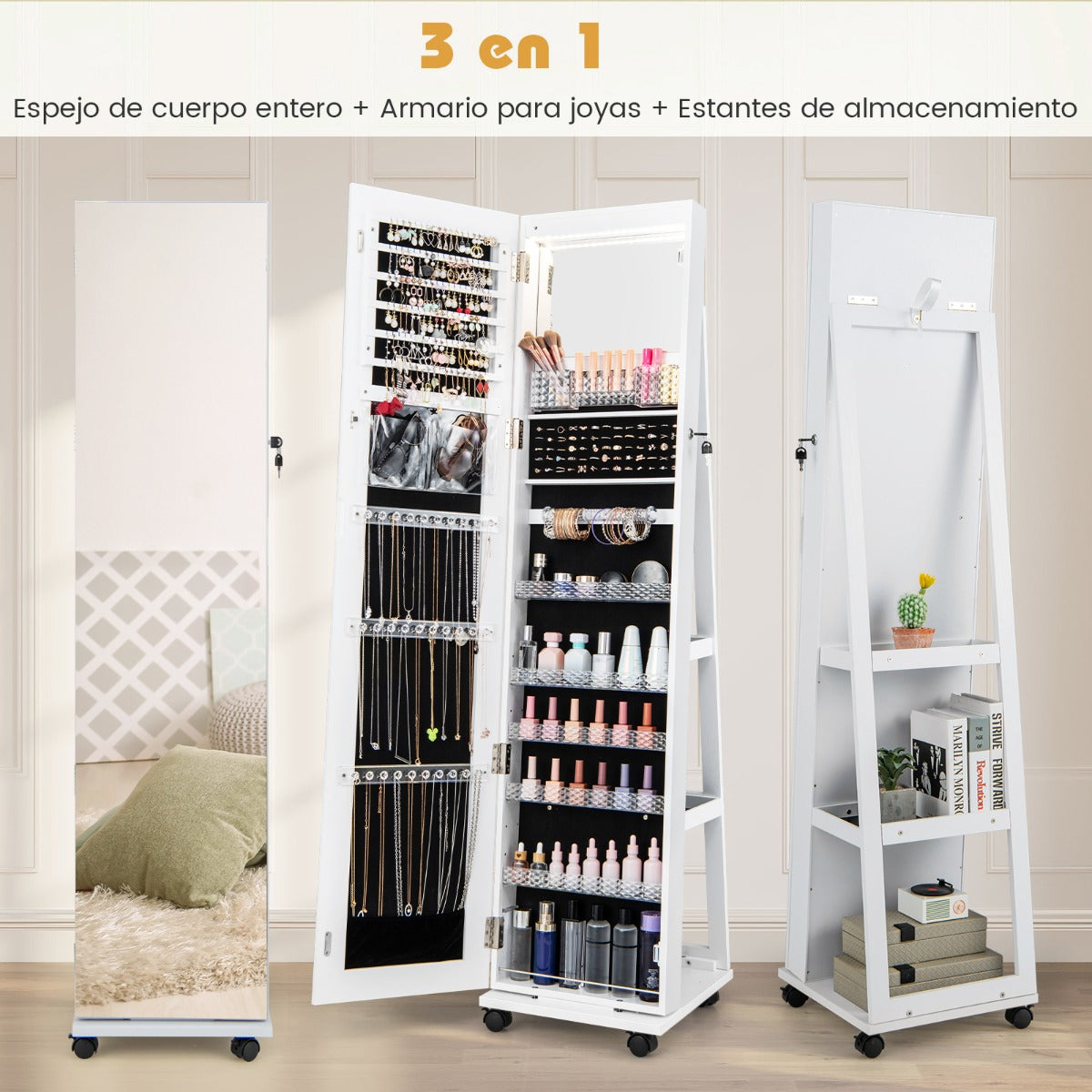 Armario para Joyas con Cerradura Espejo de Maquillaje LED de 3 Colores Estantes Ajustables y Ruedas Universales 40 x 38 x 164 cm Blanco