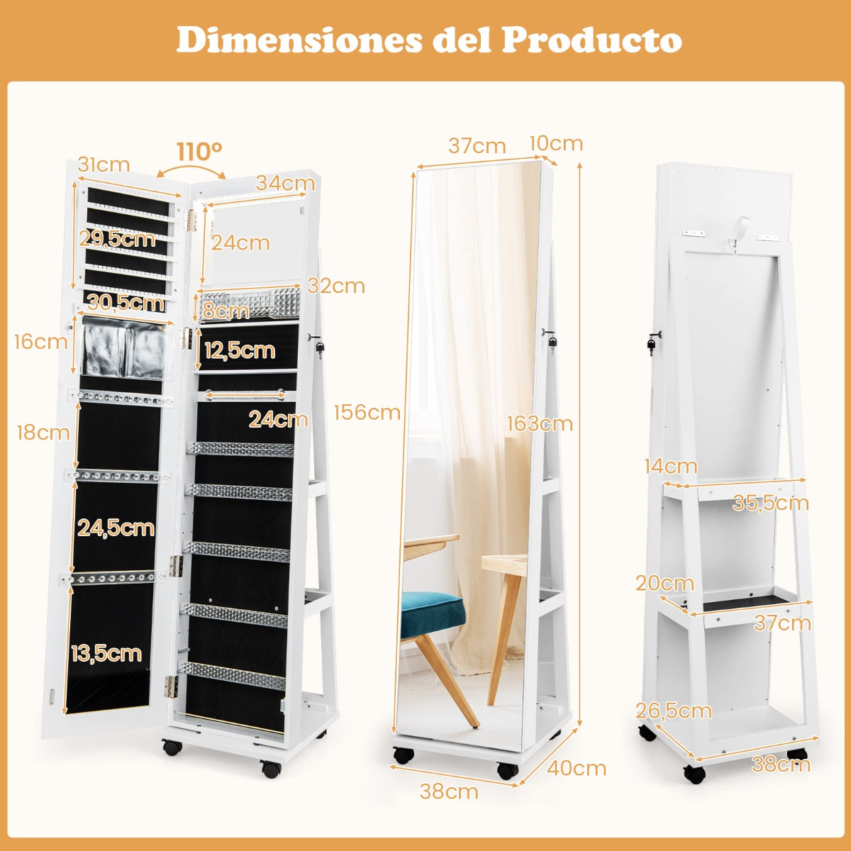 Armario para Joyas con Cerradura Espejo de Maquillaje LED de 3 Colores Estantes Ajustables y Ruedas Universales 40 x 38 x 164 cm Blanco