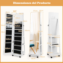 Armario para Joyas con Cerradura Espejo de Maquillaje LED de 3 Colores Estantes Ajustables y Ruedas Universales 40 x 38 x 164 cm Blanco