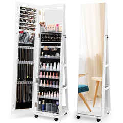 Armario para Joyas con Cerradura Espejo de Maquillaje LED de 3 Colores Estantes Ajustables y Ruedas Universales 40 x 38 x 164 cm Blanco