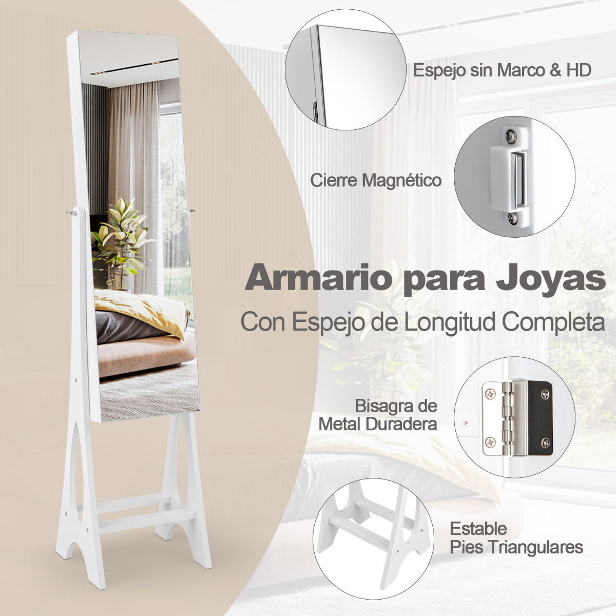 Armario para Joyería con Espejo de Cuerpo Entero sin Marco Luces LED Incorporadas y Estante de Almacenamiento 36 x 33,5 x 154,5 cm Blanco