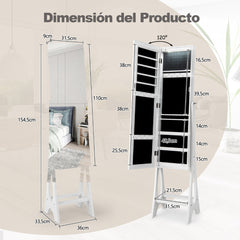 Armario para Joyería con Espejo de Cuerpo Entero sin Marco Luces LED Incorporadas y Estante de Almacenamiento 36 x 33,5 x 154,5 cm Blanco