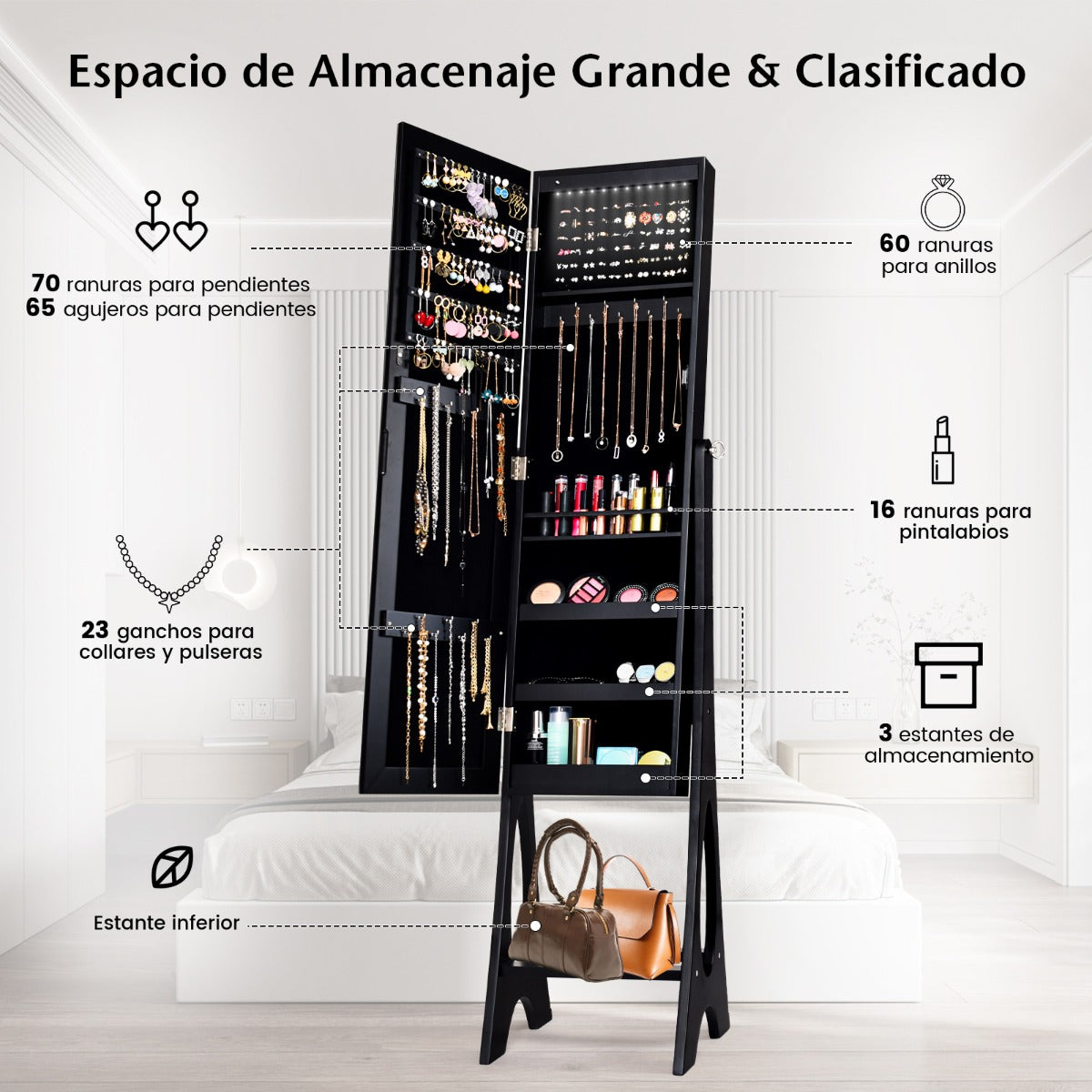 Armario para Joyería con Espejo de Cuerpo Entero sin Marco Luces LED Incorporadas y Estante de Almacenamiento 36 x 33,5 x 154,5 cm Negro