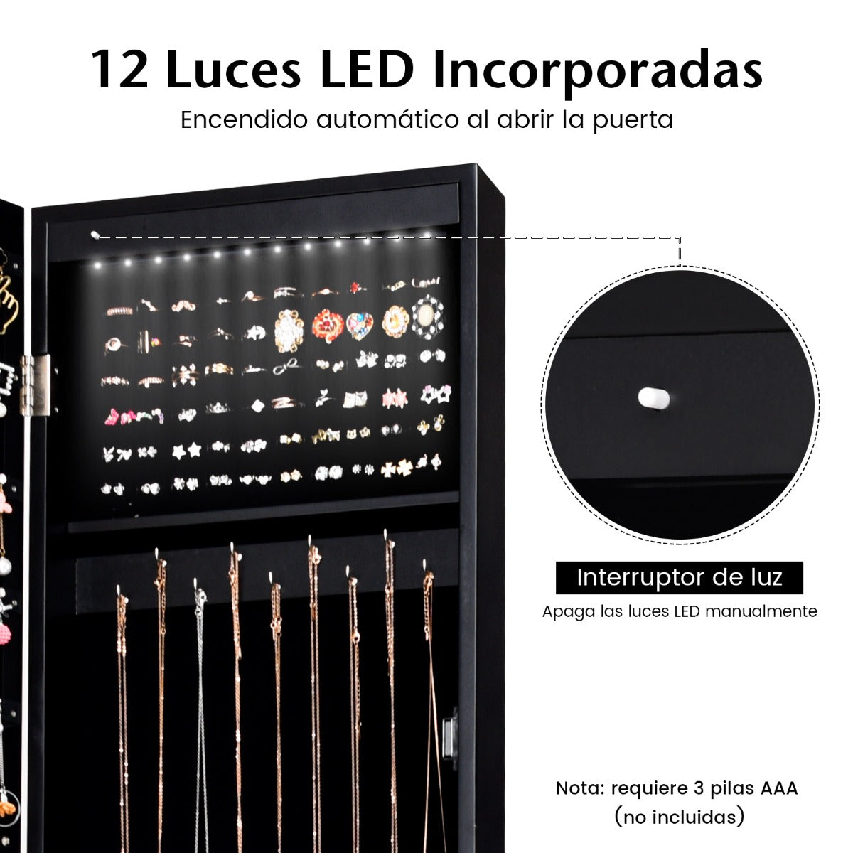 Armario para Joyería con Espejo de Cuerpo Entero sin Marco Luces LED Incorporadas y Estante de Almacenamiento 36 x 33,5 x 154,5 cm Negro
