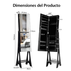 Armario para Joyería con Espejo de Cuerpo Entero sin Marco Luces LED Incorporadas y Estante de Almacenamiento 36 x 33,5 x 154,5 cm Negro