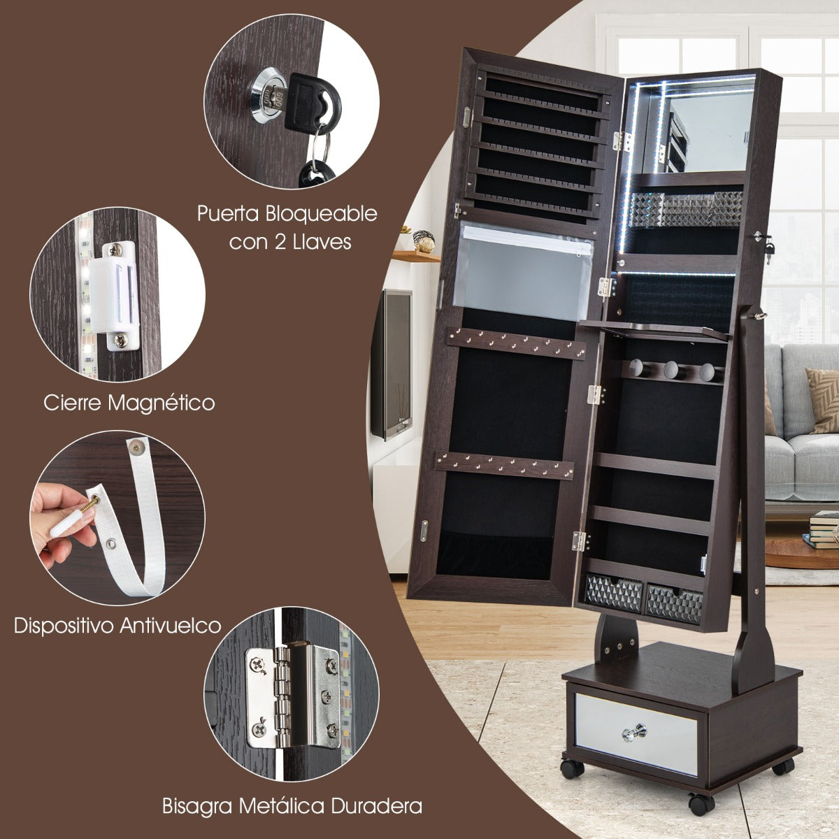 Armario para Joyería con Espejo de Cuerpo Entero Ángulo Ajustables Luces LED de 3 Colores Estante Plegable 42 x 35 x 159 cm Café