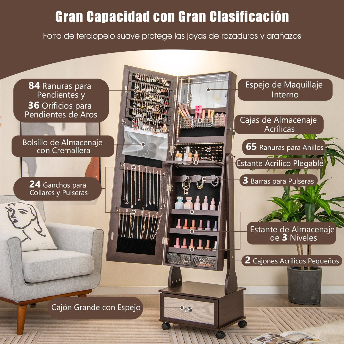 Armario para Joyería con Espejo de Cuerpo Entero Ángulo Ajustables Luces LED de 3 Colores Estante Plegable 42 x 35 x 159 cm Café