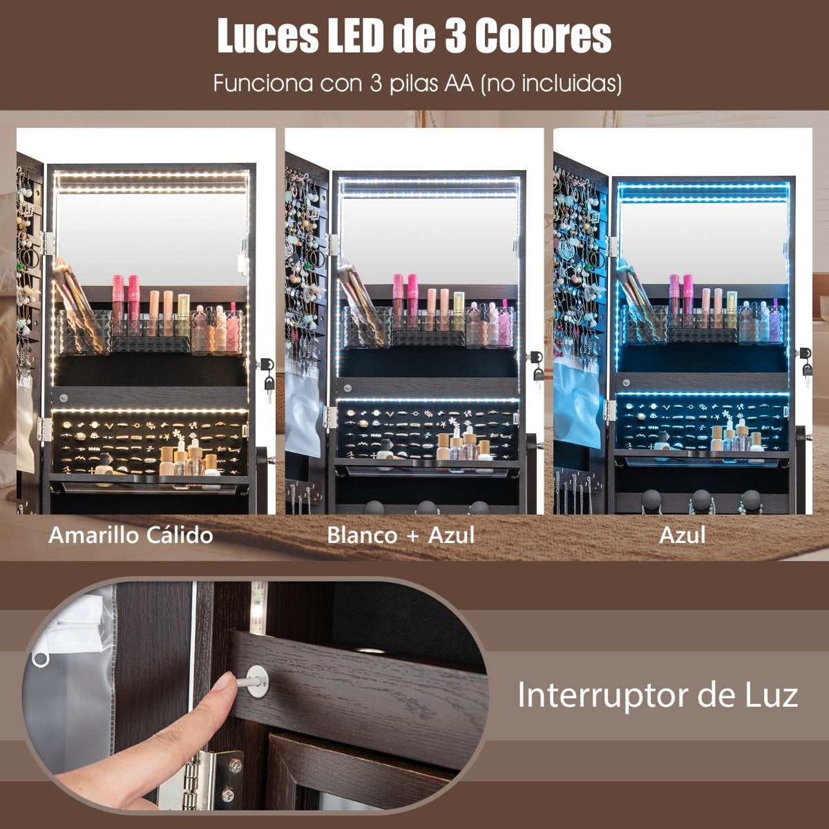 Armario para Joyería con Espejo de Cuerpo Entero Ángulo Ajustables Luces LED de 3 Colores Estante Plegable 42 x 35 x 159 cm Café