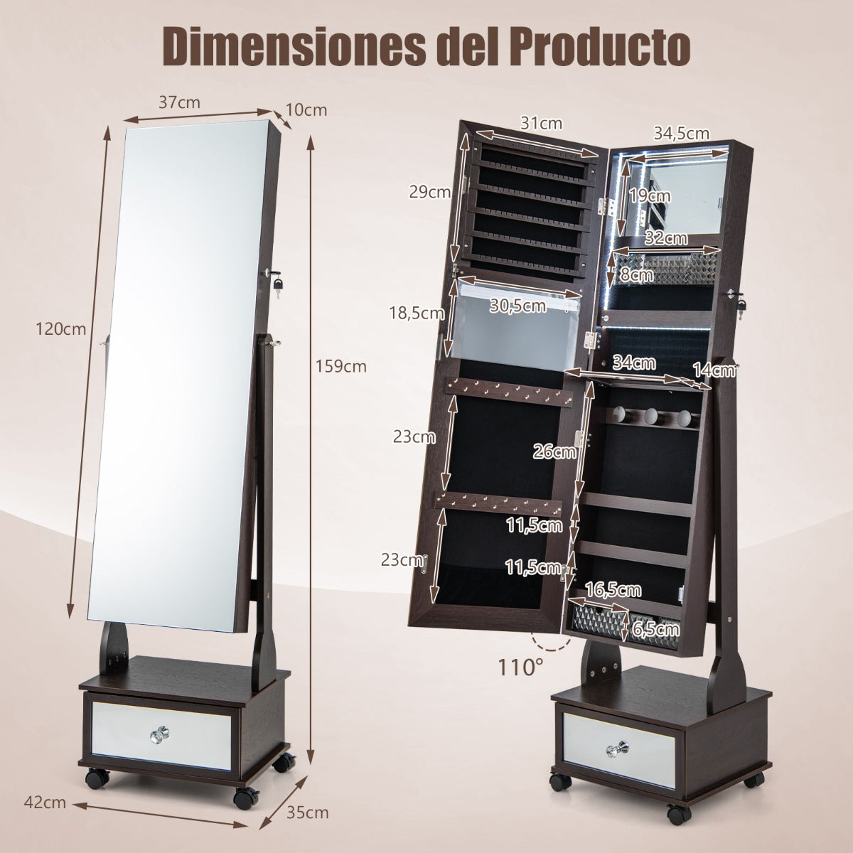 Armario para Joyería con Espejo de Cuerpo Entero Ángulo Ajustables Luces LED de 3 Colores Estante Plegable 42 x 35 x 159 cm Café