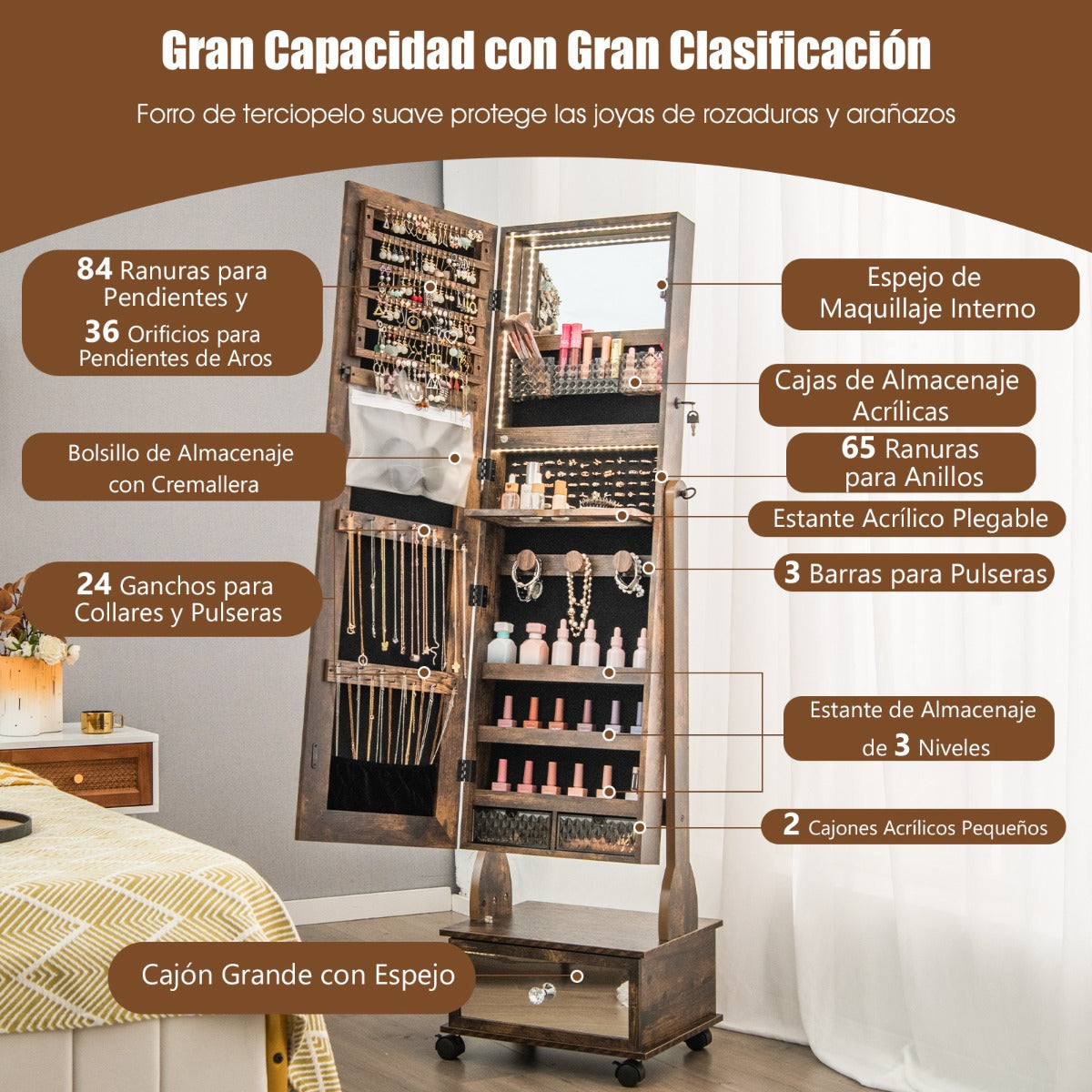 Armario para Joyería con Espejo de Cuerpo Entero Ángulo Ajustables Luces LED de 3 Colores Estante Plegable 42 x 35 x 159 cm Marrón