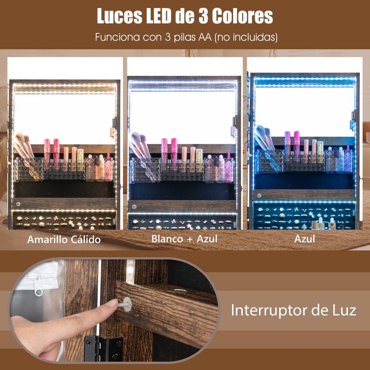 Armario para Joyería con Espejo de Cuerpo Entero Ángulo Ajustables Luces LED de 3 Colores Estante Plegable 42 x 35 x 159 cm Marrón