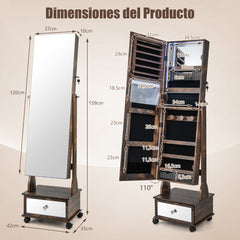 Armario para Joyería con Espejo de Cuerpo Entero Ángulo Ajustables Luces LED de 3 Colores Estante Plegable 42 x 35 x 159 cm Marrón