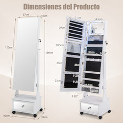 Armario para Joyería con Espejo de Cuerpo Entero Ángulo Ajustables Luces LED de 3 Colores Estante Plegable 42 x 35 x 159 cm Blanco