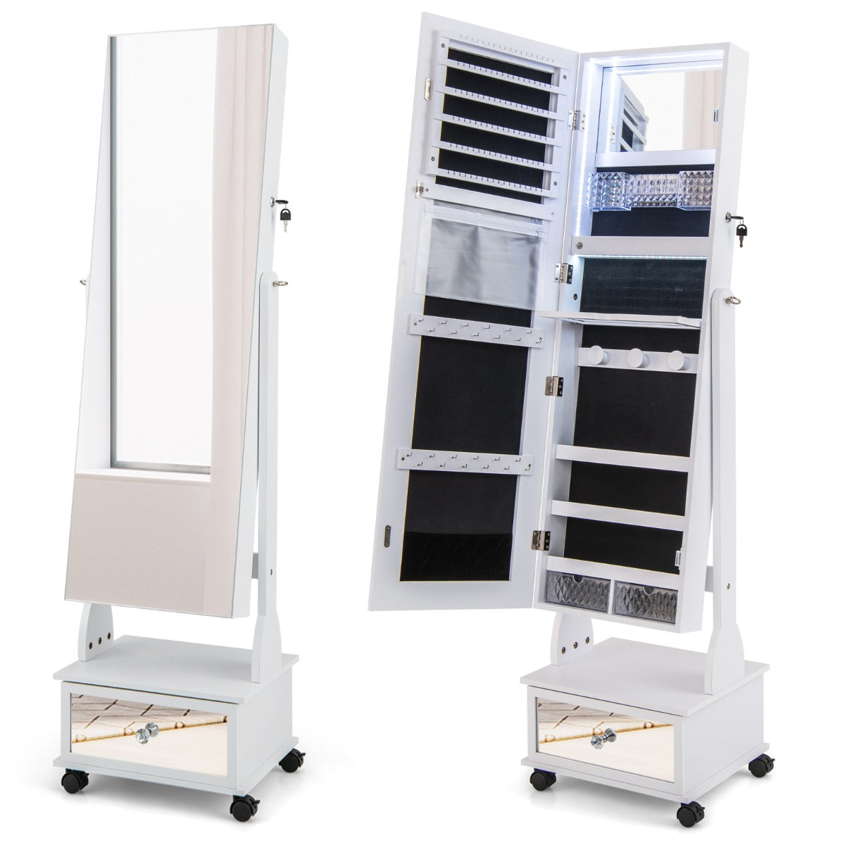 Armario para Joyería con Espejo de Cuerpo Entero Ángulo Ajustables Luces LED de 3 Colores Estante Plegable 42 x 35 x 159 cm Blanco