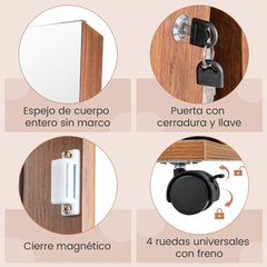 Armario para Joyas con Cerradura Espejo de Maquillaje LED de 3 Colores Estantes Ajustables y Ruedas Universales 40 x 38 x 164 cm Marrón
