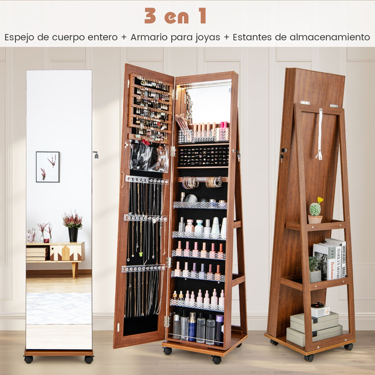 Armario para Joyas con Cerradura Espejo de Maquillaje LED de 3 Colores Estantes Ajustables y Ruedas Universales 40 x 38 x 164 cm Marrón