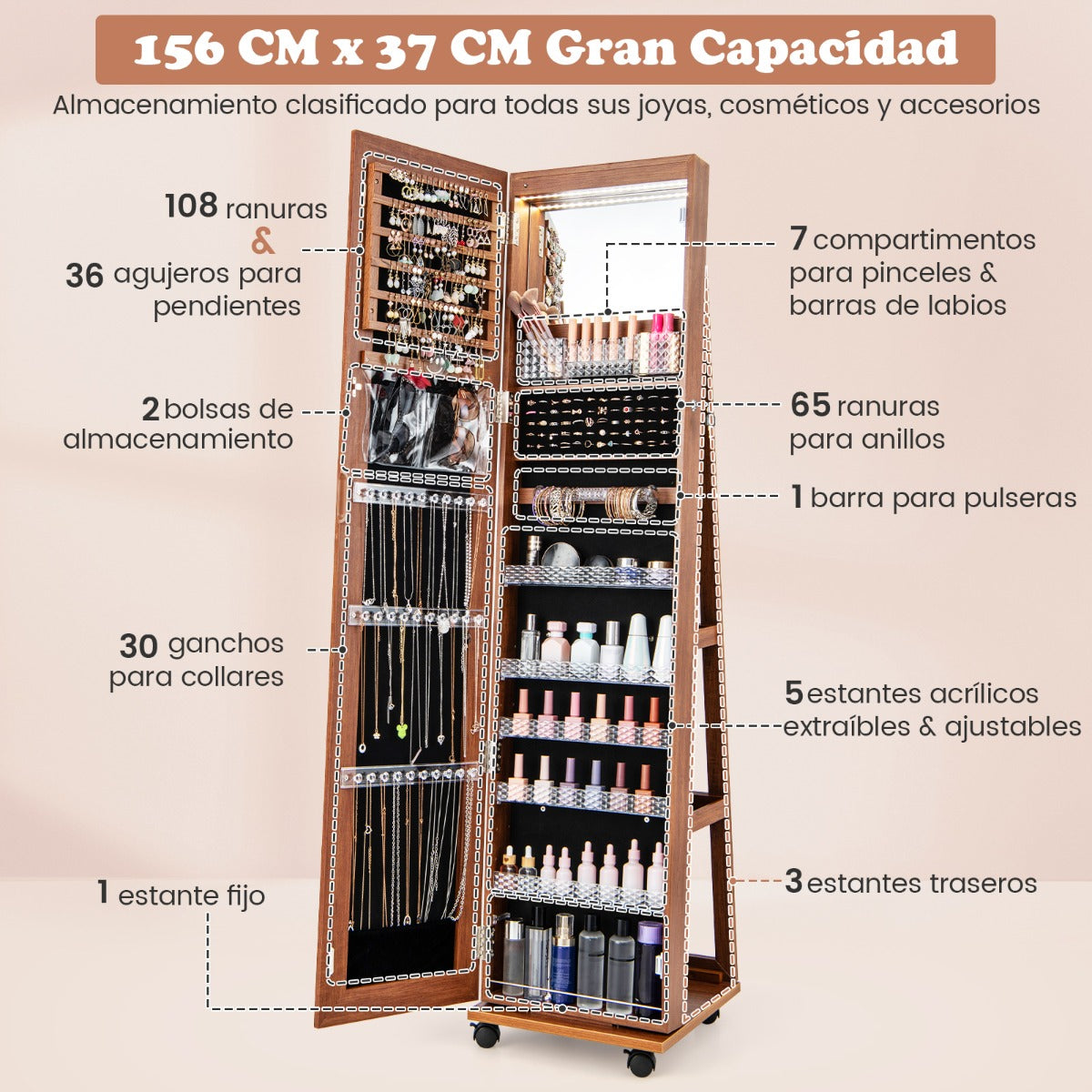 Armario para Joyas con Cerradura Espejo de Maquillaje LED de 3 Colores Estantes Ajustables y Ruedas Universales 40 x 38 x 164 cm Marrón