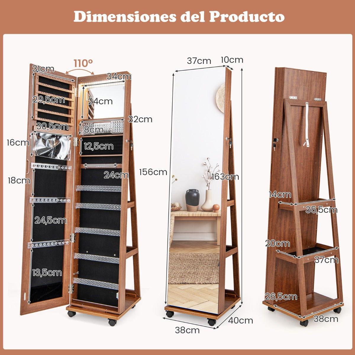 Armario para Joyas con Cerradura Espejo de Maquillaje LED de 3 Colores Estantes Ajustables y Ruedas Universales 40 x 38 x 164 cm Marrón