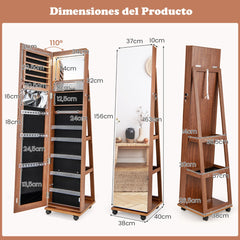Armario para Joyas con Cerradura Espejo de Maquillaje LED de 3 Colores Estantes Ajustables y Ruedas Universales 40 x 38 x 164 cm Marrón