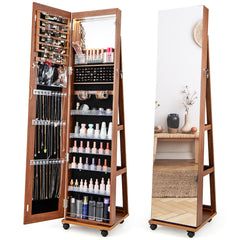 Armario para Joyas con Cerradura Espejo de Maquillaje LED de 3 Colores Estantes Ajustables y Ruedas Universales 40 x 38 x 164 cm Marrón