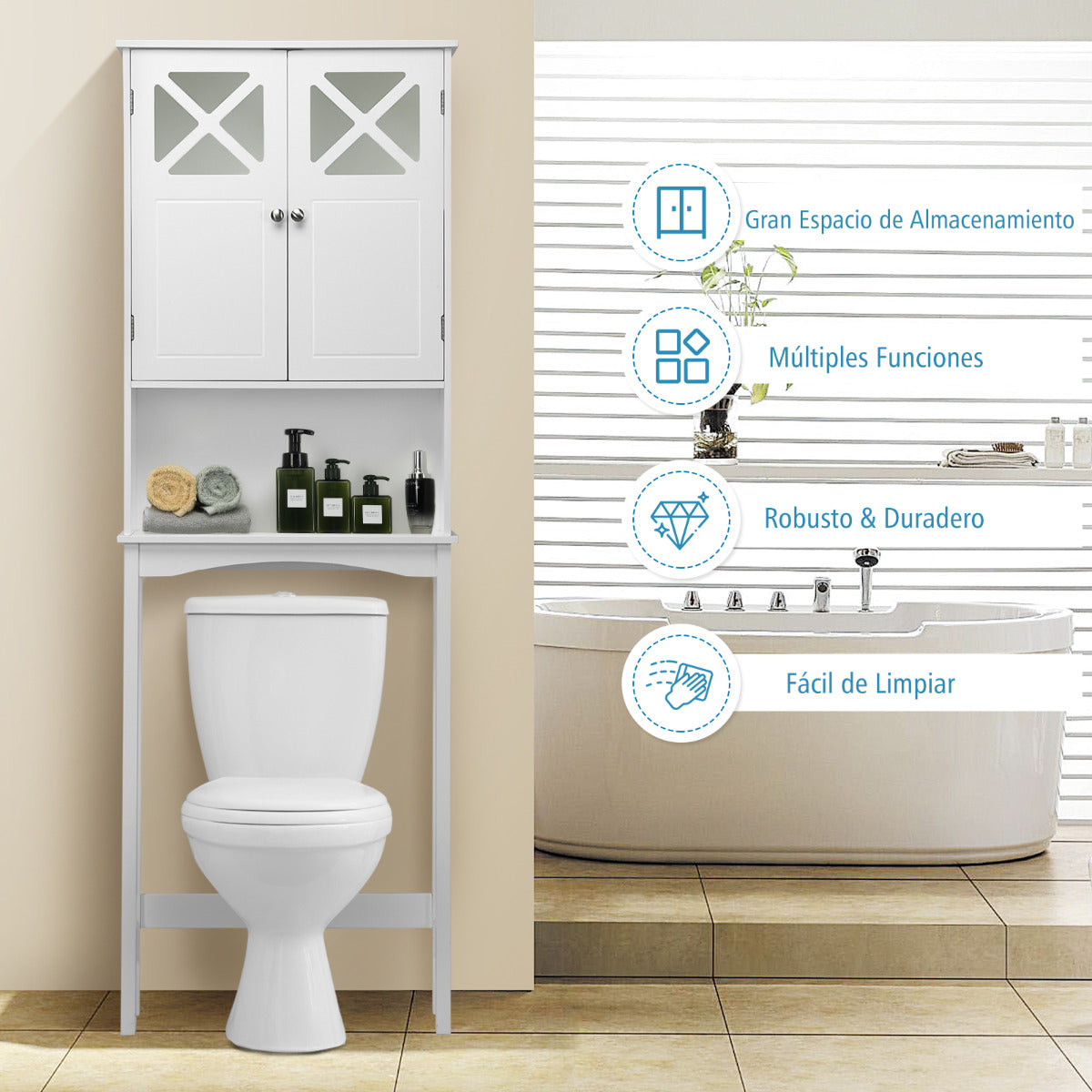 Armario sobre el Inodoro para Baño Diseño Antivuelco Dos Puertas Estante Ajustable Organizador de Lavadora 60 x 20 x 173 cm Blanco