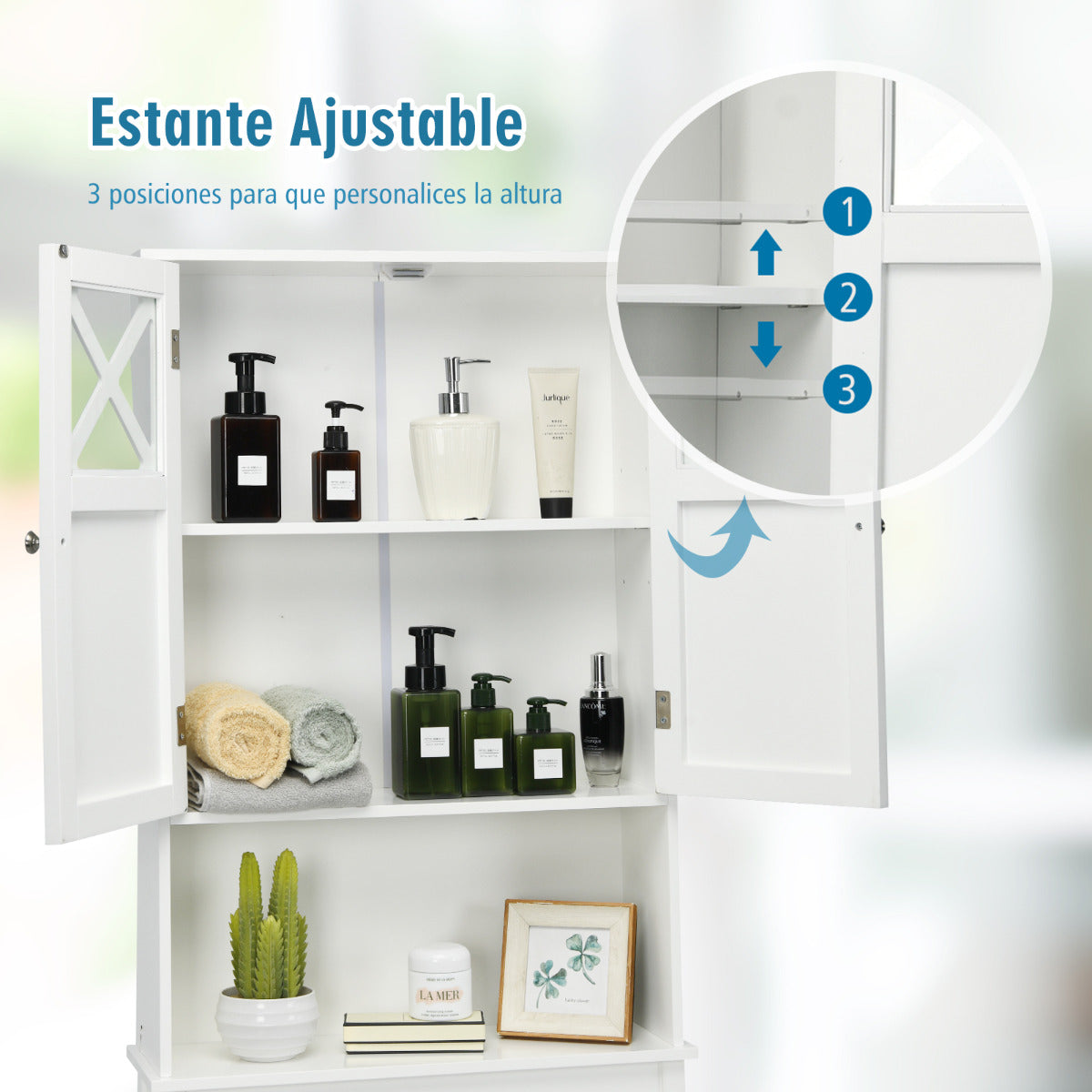 Armario sobre el Inodoro para Baño Diseño Antivuelco Dos Puertas Estante Ajustable Organizador de Lavadora 60 x 20 x 173 cm Blanco