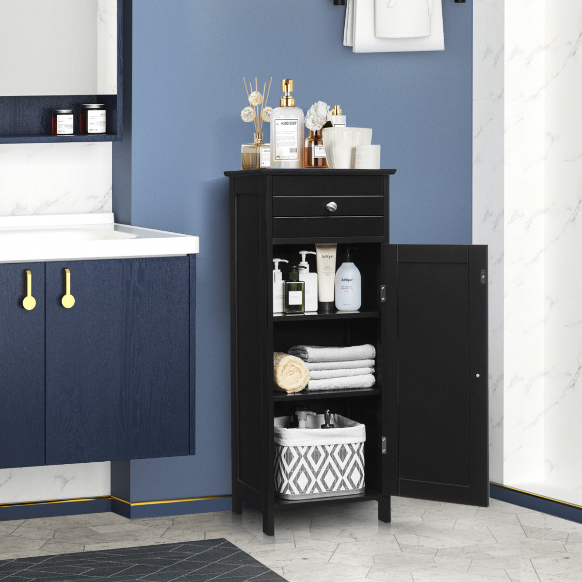 Armario del Baño Organizado Vertical con Puerta Individual 1 Cajón Grande 2 Repisas Regulables para Baño Salón Negro 35,6 x 30,5 x 88 cm