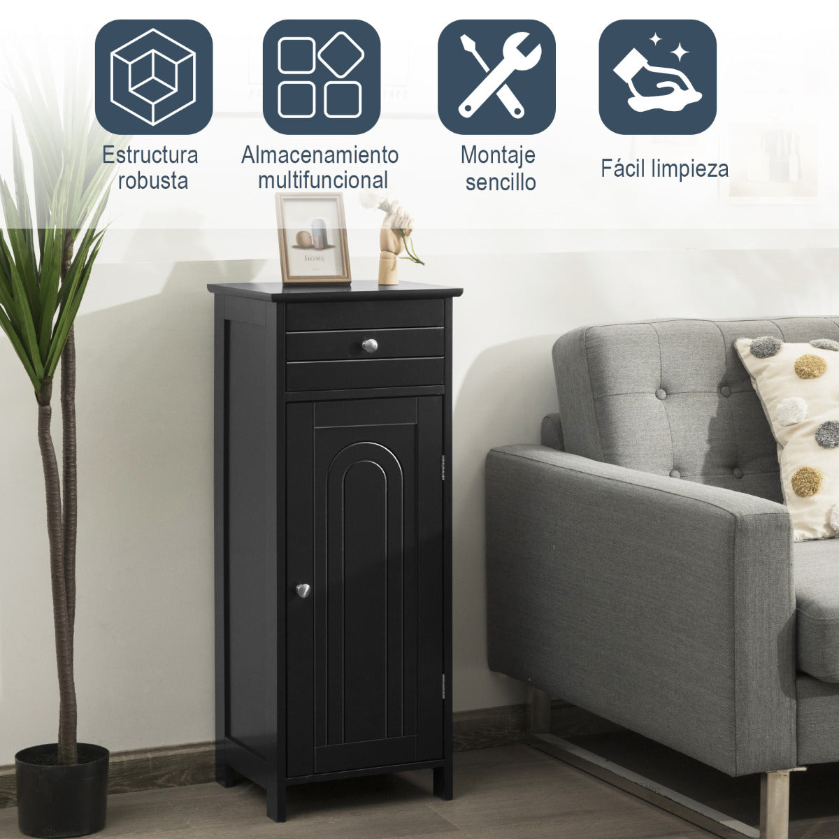 Armario del Baño Organizado Vertical con Puerta Individual 1 Cajón Grande 2 Repisas Regulables para Baño Salón Negro 35,6 x 30,5 x 88 cm