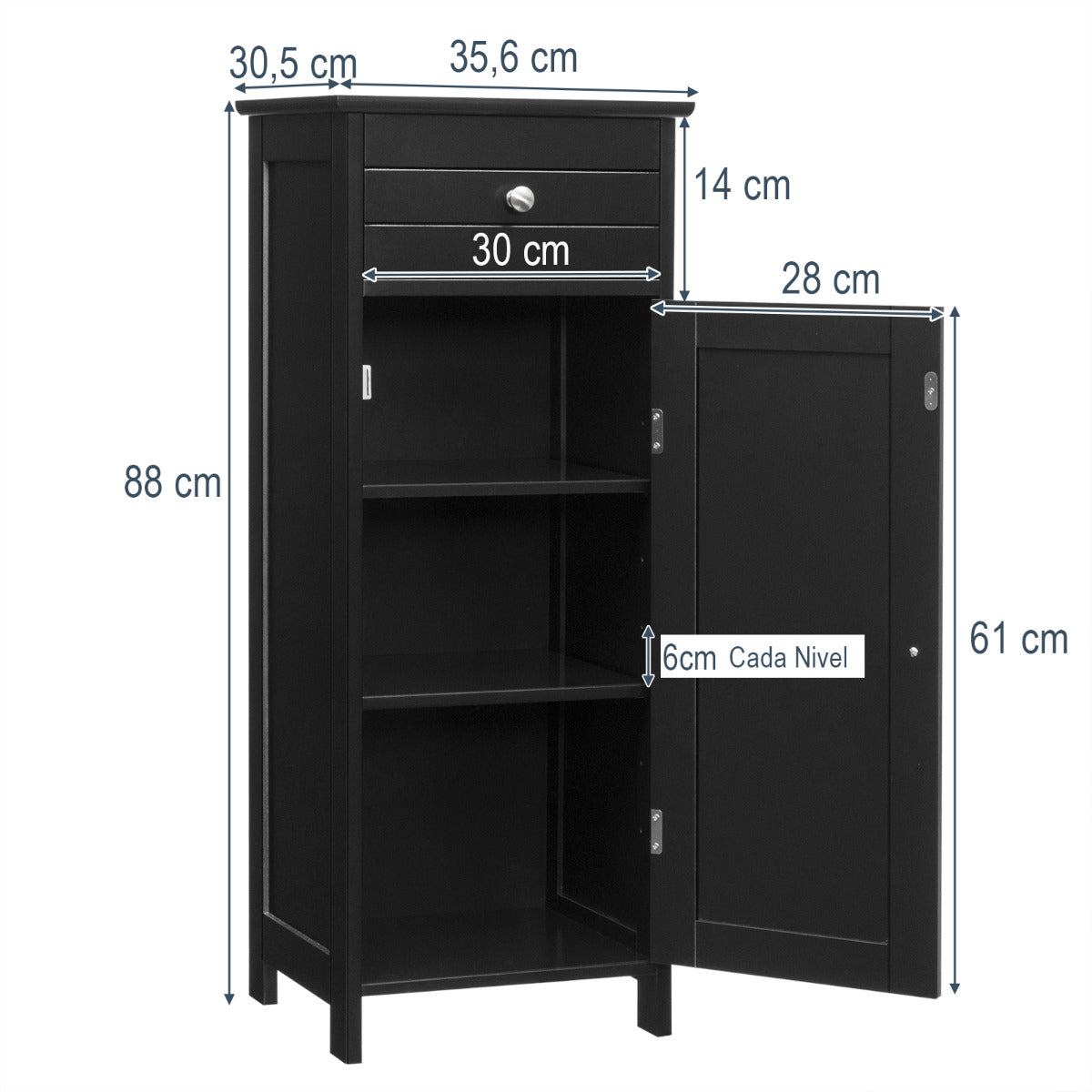 Armario del Baño Organizado Vertical con Puerta Individual 1 Cajón Grande 2 Repisas Regulables para Baño Salón Negro 35,6 x 30,5 x 88 cm