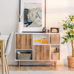 Mueble TV Consola Armario con 3 Puertas y Compartimientos Moderno Despensa Multiuso Blanco y Café 95 x 33 x 77,5 cm