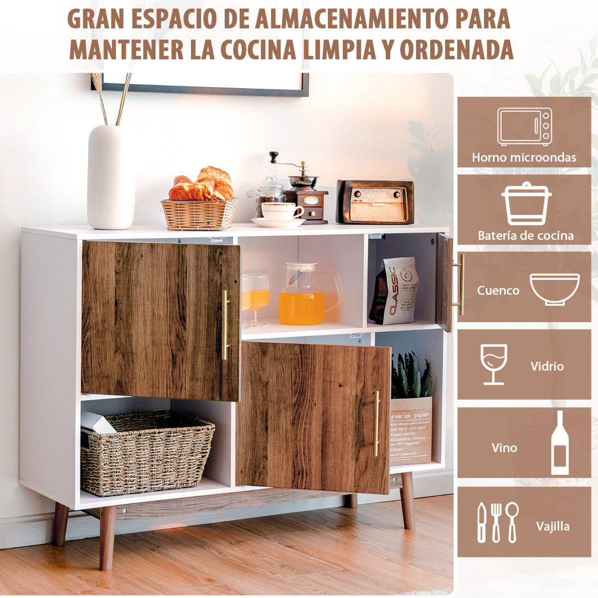 Mueble TV Consola Armario con 3 Puertas y Compartimientos Moderno Despensa Multiuso Blanco y Café 95 x 33 x 77,5 cm