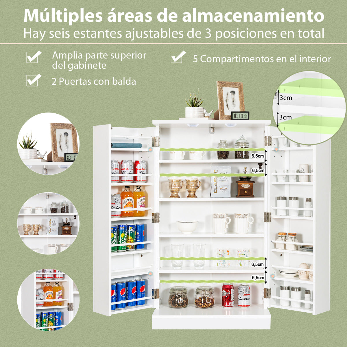 Armario Despensa para Cocina con Doble Puerta Repisas Regulables Organizador Alacena Salva Espacio para Comedor Blanco 59 x 30,5 x 103 cm