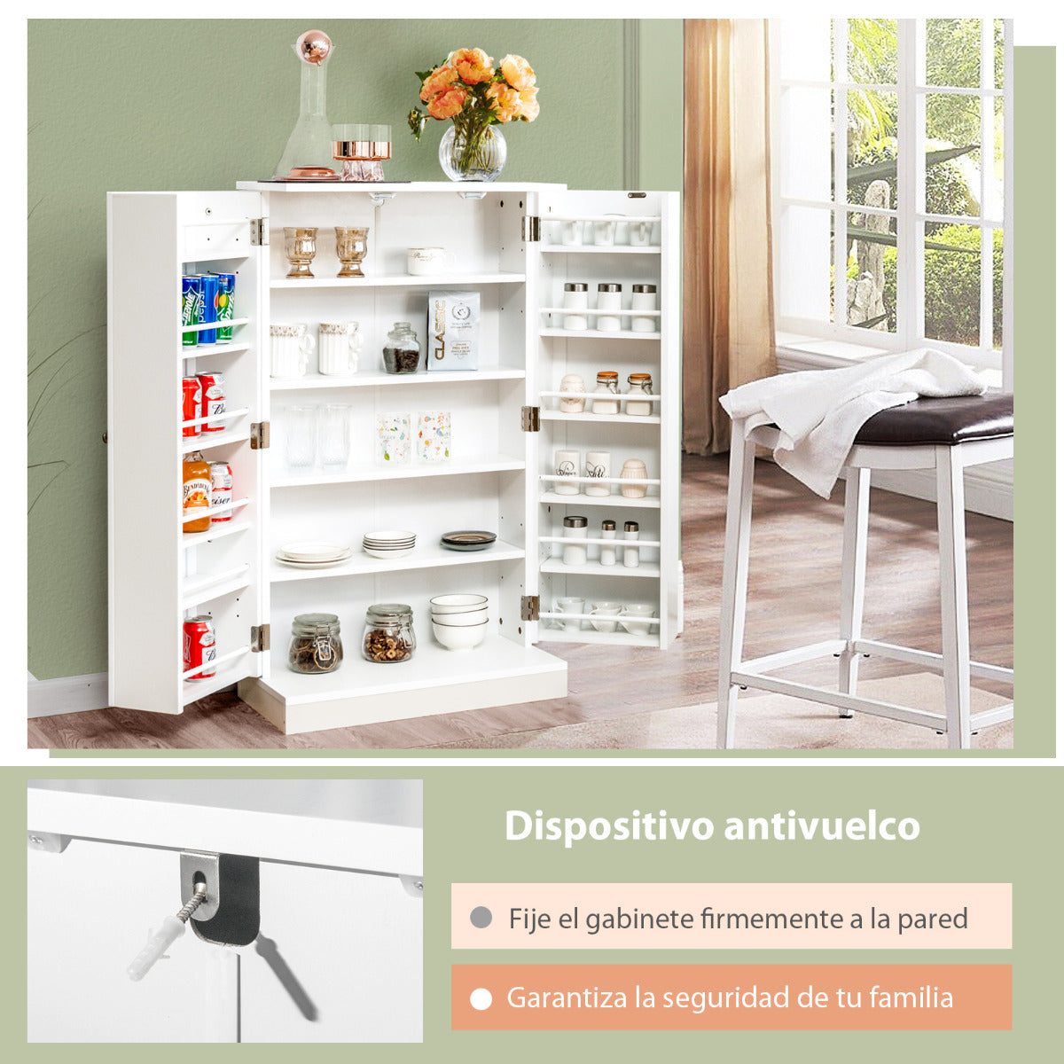 Armario Despensa para Cocina con Doble Puerta Repisas Regulables Organizador Alacena Salva Espacio para Comedor Blanco 59 x 30,5 x 103 cm