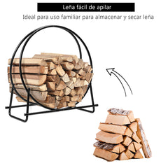 Aro Redondo para Leña 76,5 cm Porta Leña para Chimenea y Brasero para Interior Exterior Negro