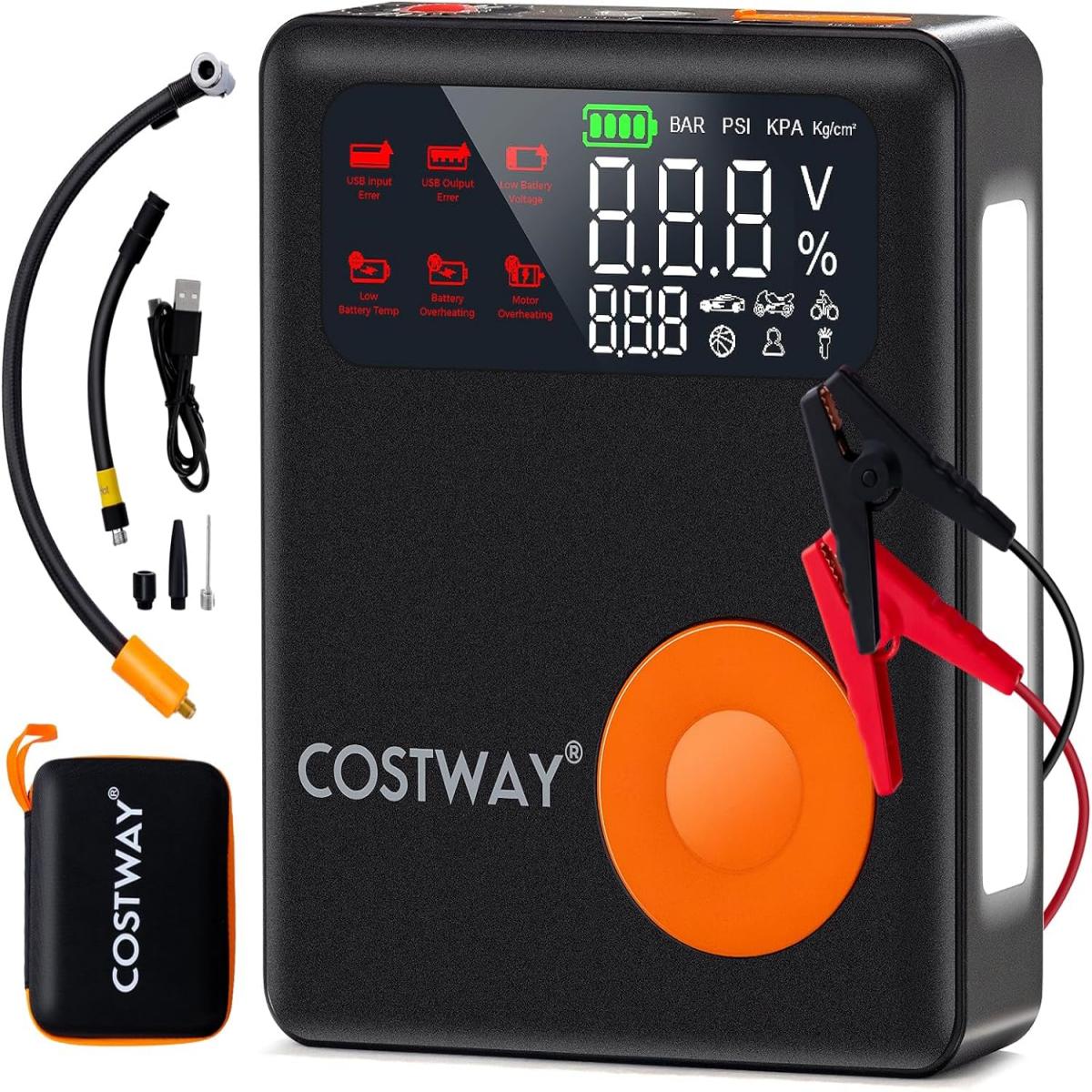 Arrancador de Batería con Inflador de Neumáticos Digital de 150PSI Compresor de Aire para Coche de 12V 2000A 13 x 5 x 15,5 cm Negro