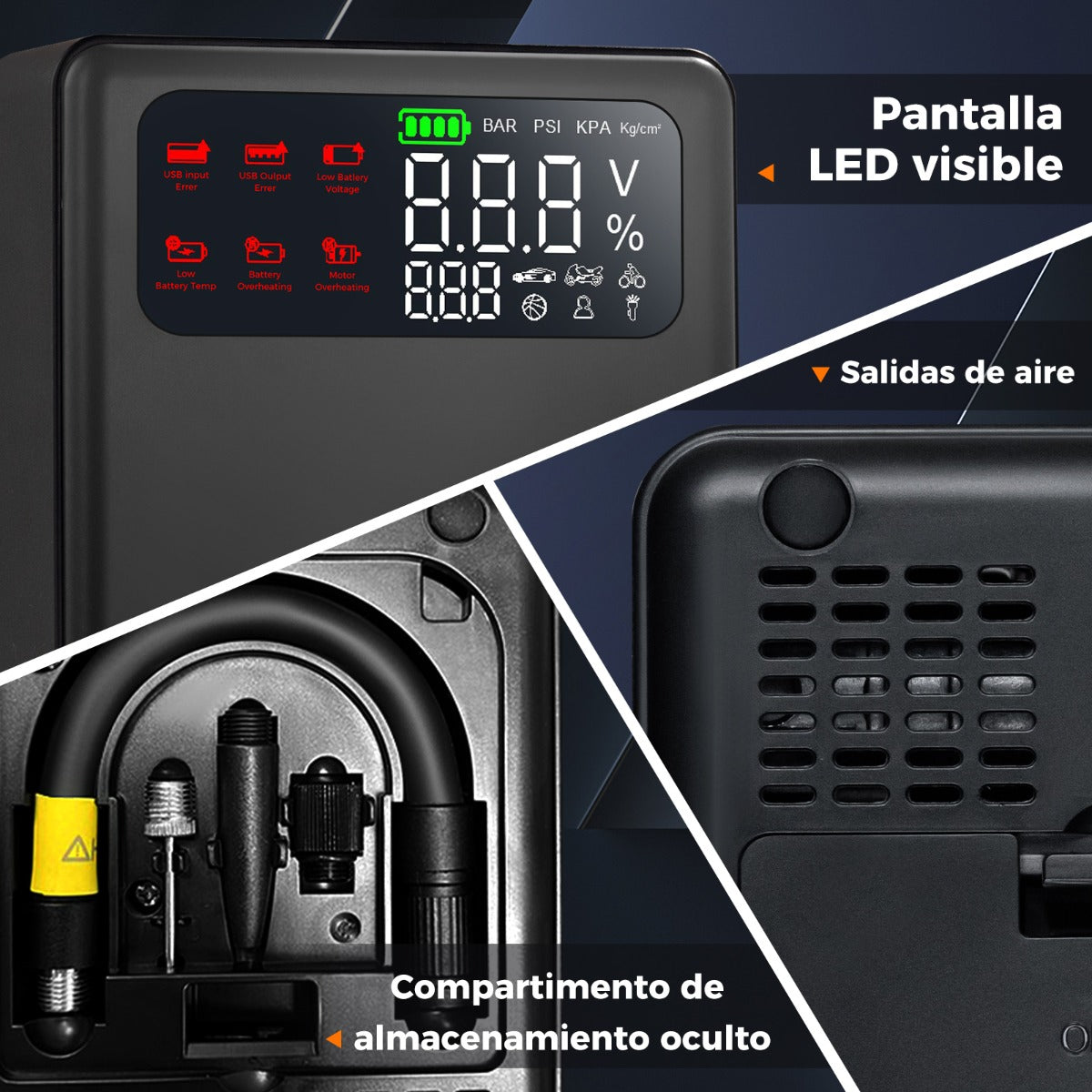 Arrancador de Batería con Inflador de Neumáticos Digital de 150PSI Compresor de Aire para Coche de 12V 2000A 13 x 5 x 15,5 cm Negro
