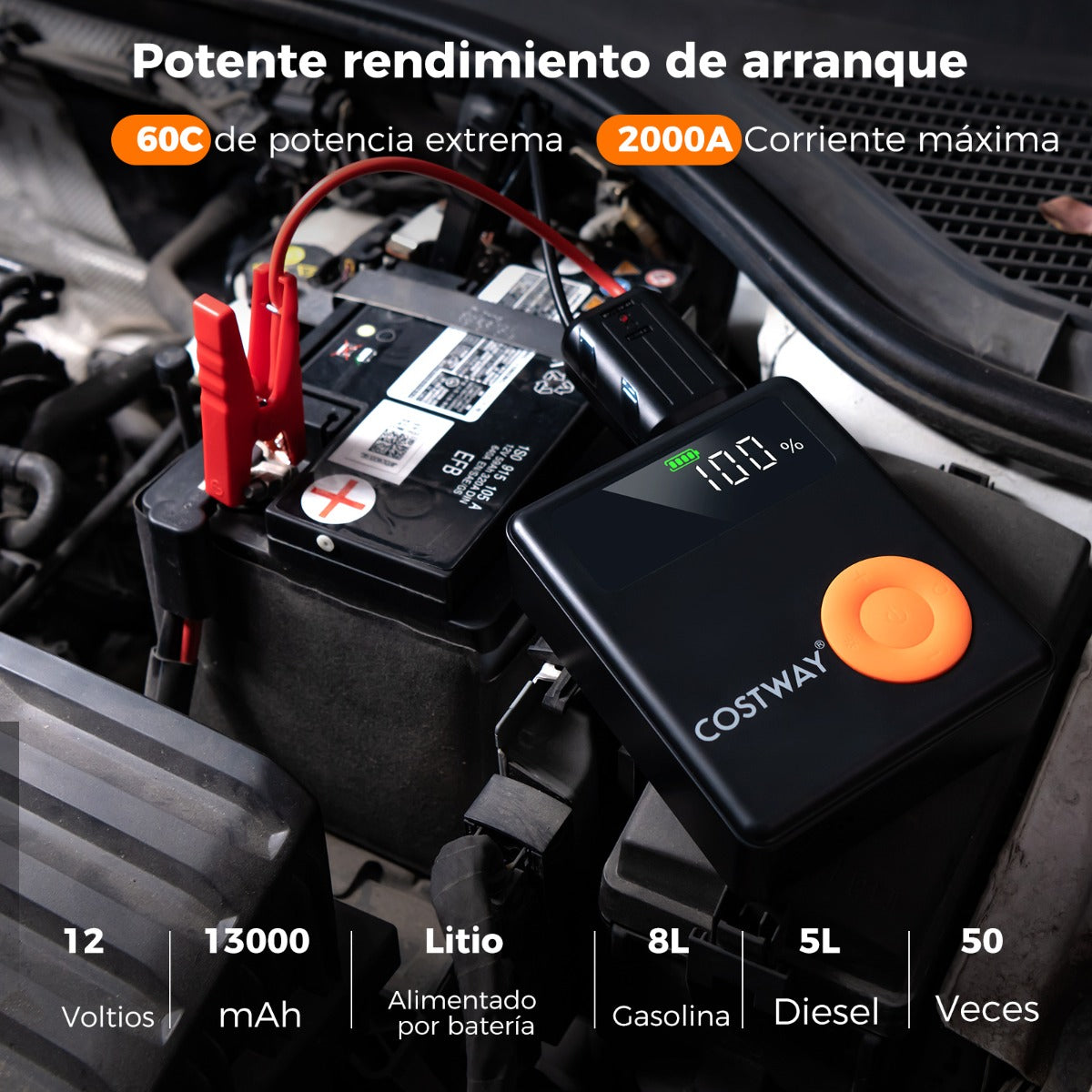 Arrancador de Batería con Inflador de Neumáticos Digital de 150PSI Compresor de Aire para Coche de 12V 2000A 13 x 5 x 15,5 cm Negro