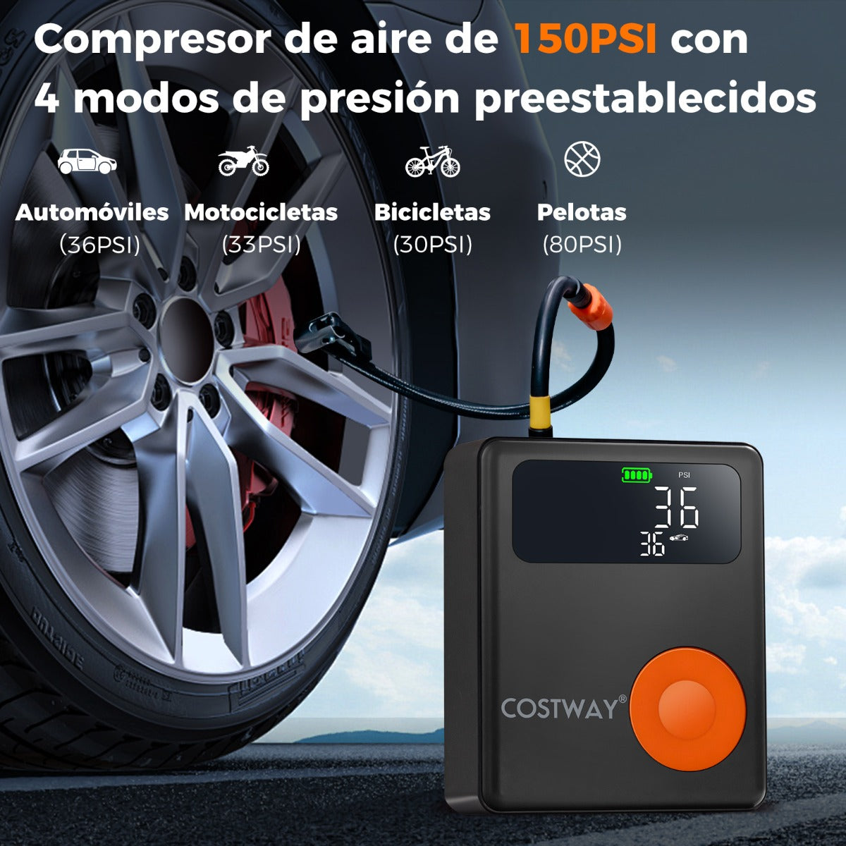 Arrancador de Batería con Inflador de Neumáticos Digital de 150PSI Compresor de Aire para Coche de 12V 2000A 13 x 5 x 15,5 cm Negro