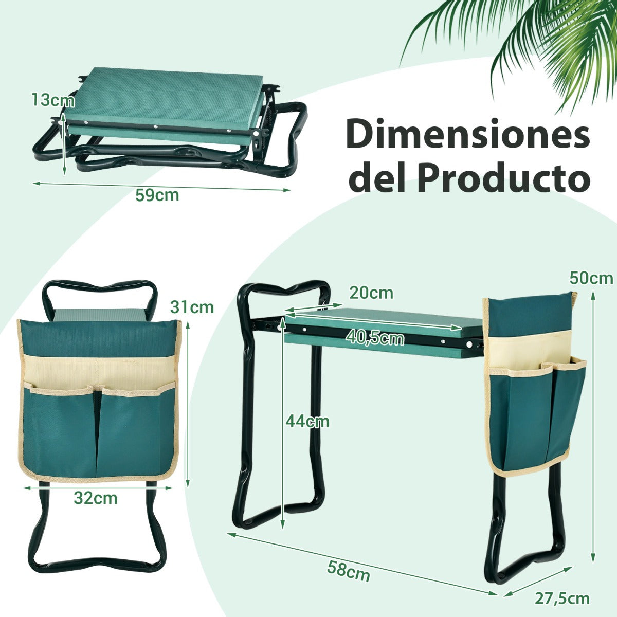 2 en 1 Asiento Plegable para Jardín con Bolsa Lateral y Cojín Taburete para Arrodillarse y Sentarse Carga 150 kg 58 x 27,5 x 50 cm Verde