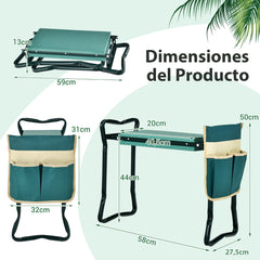 2 en 1 Asiento Plegable para Jardín con Bolsa Lateral y Cojín Taburete para Arrodillarse y Sentarse Carga 150 kg 58 x 27,5 x 50 cm Verde